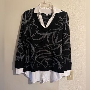 Chico's Monochrome Knit sweater with shirt collar Preppy Dark Academia